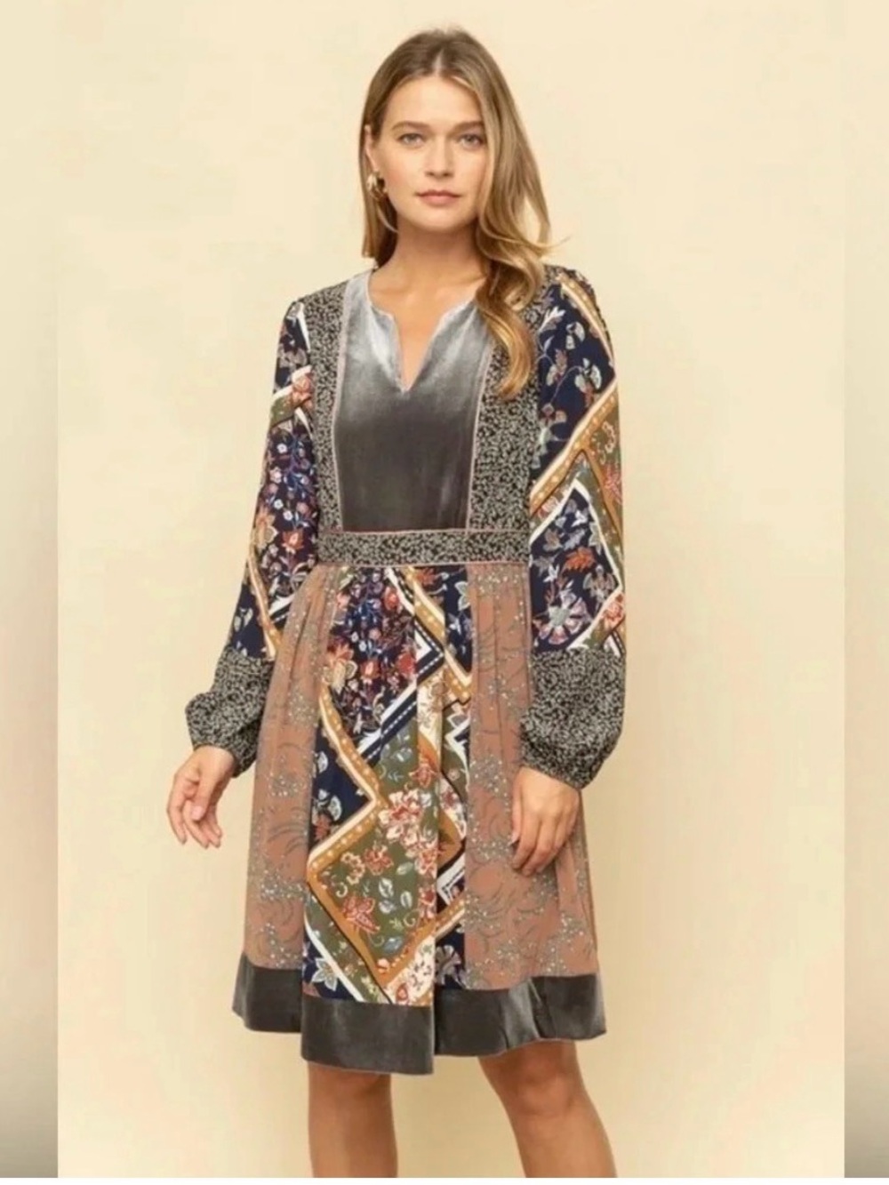 Mystery NWT Boho Mixed Media Patchwork Long Sleeve Dress Career Size Small